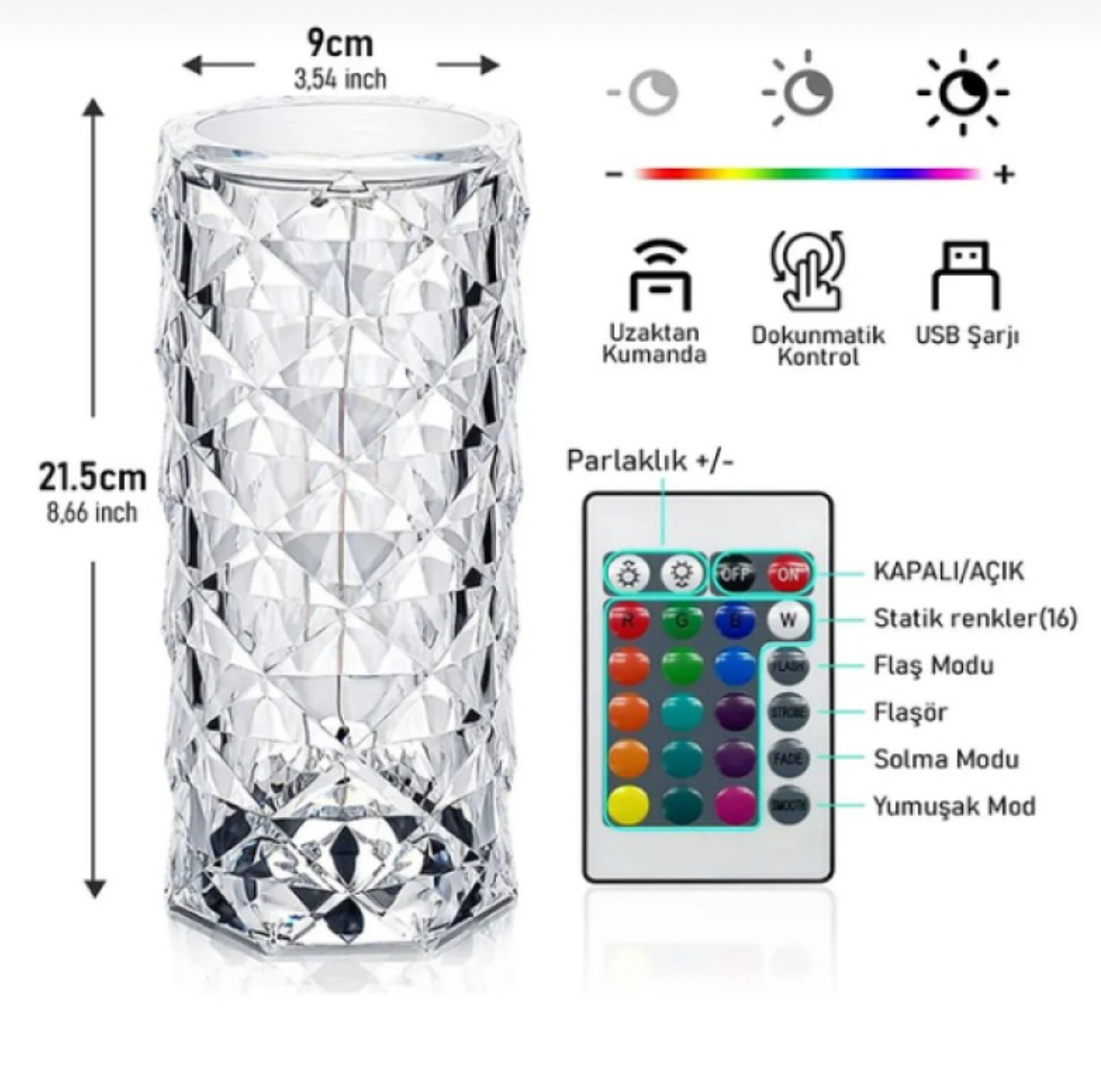 Kristal LED Kumandalı Ve Dokunmatik Masa Lambası