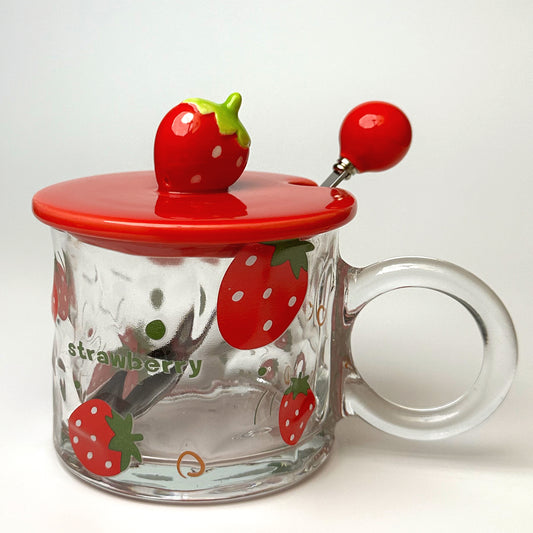 Çilekli Cam Fincan - Kapaklı ve Kaşıklı