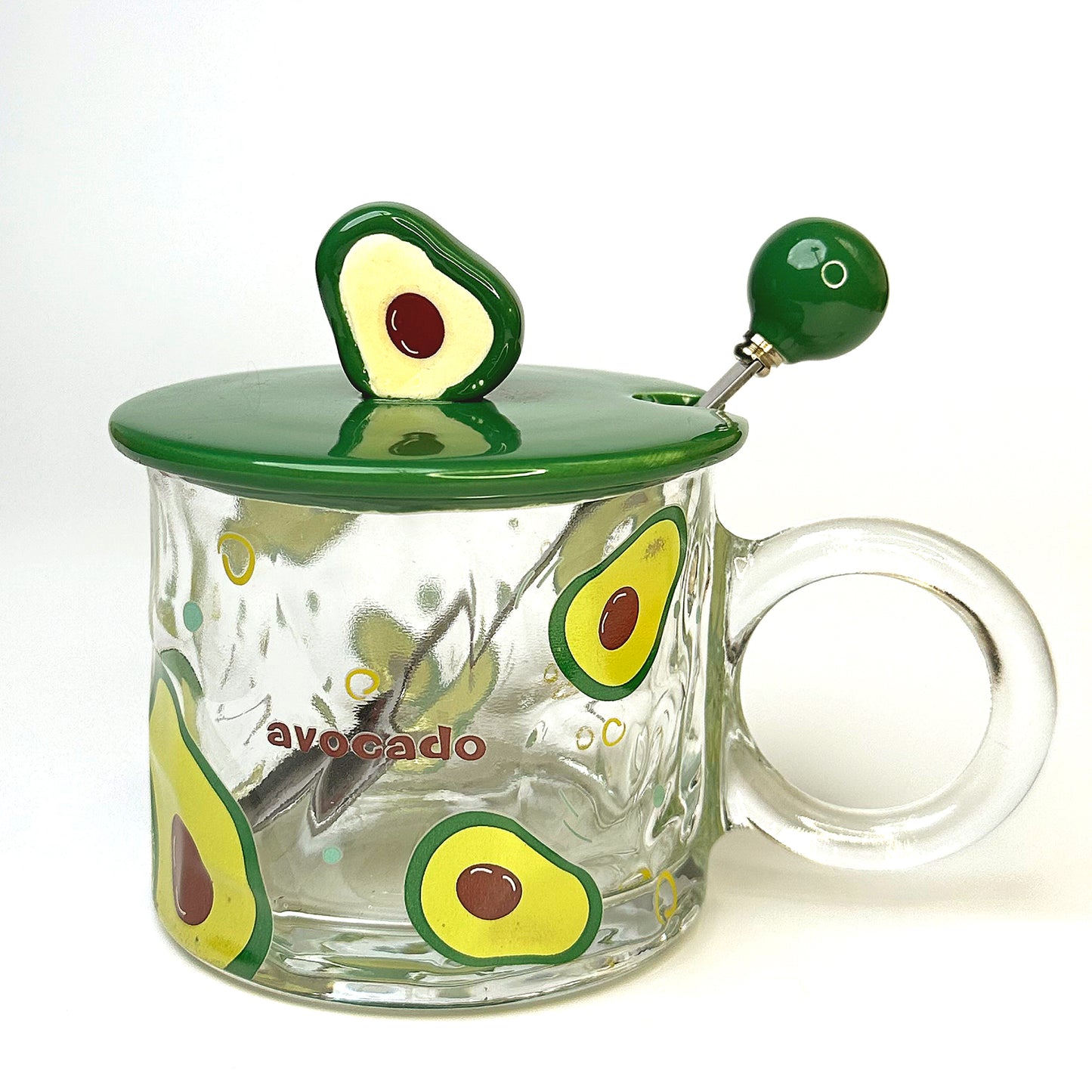 Avokado Tasarımlı Cam Kupa – Kapaklı ve Kaşıklı