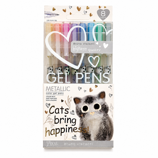 Kedi Desenli Metalik Jel Kalem Seti – 8 Renk