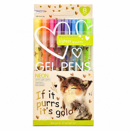 Kedi Desenli Neon Jel Kalem Seti – 8 Renk