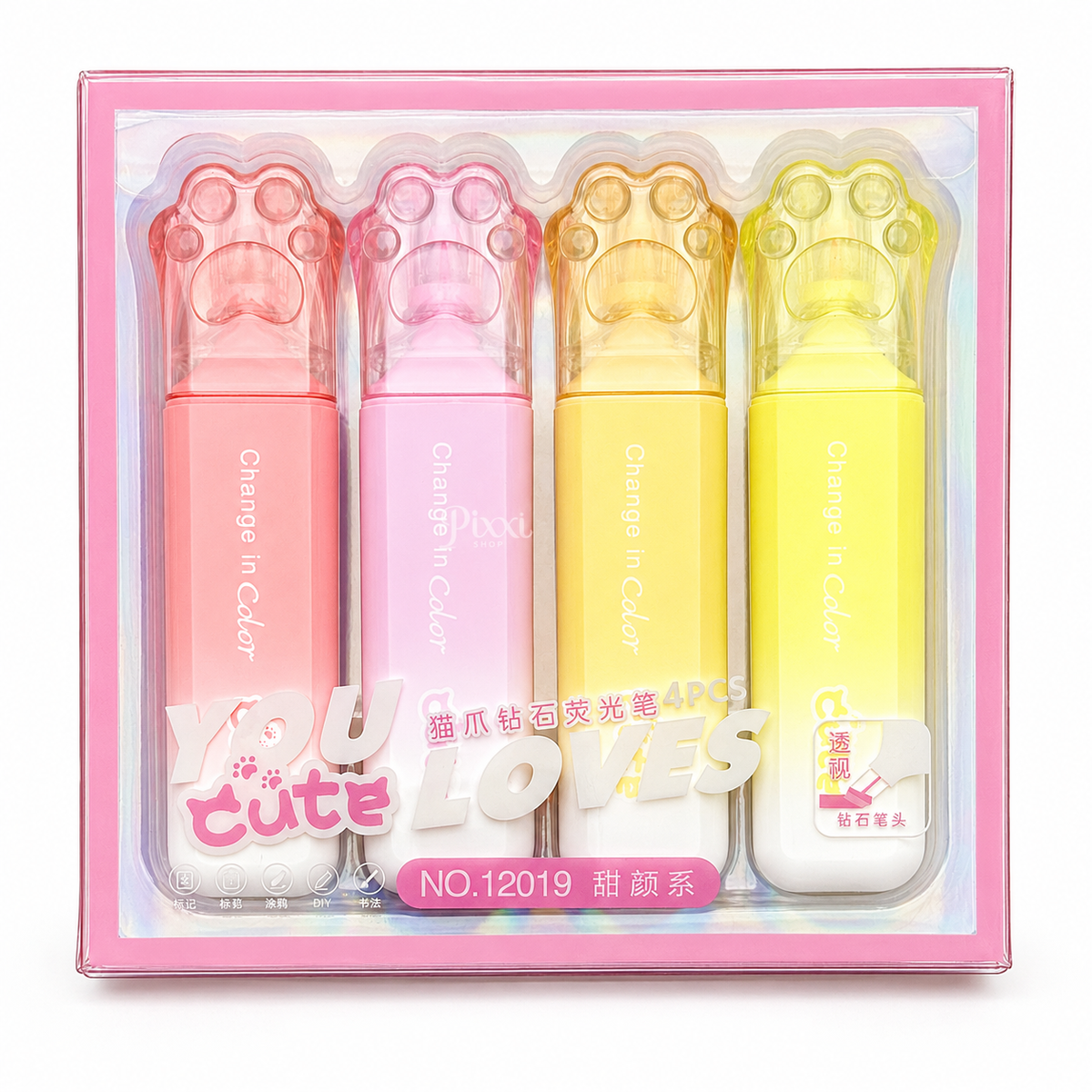 Kedi Patili Pastel Fosforlu Kalem Seti – 4’lü