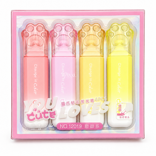 Kedi Patili Pastel Fosforlu Kalem Seti – 4’lü