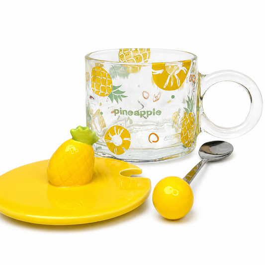 Tropik Ananas Kapaklı Cam Kupa ve Kaşık Seti