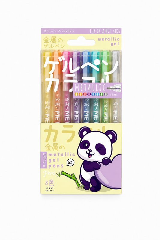 Panda Desenli Metalik Jel Kalem Seti – 8 Renk