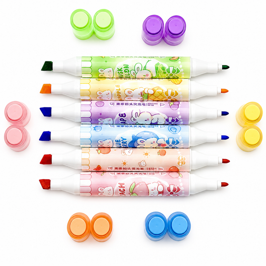 Tavşan ve Meyve Desenli Çift Uçlu Fosforlu Kalem Seti – 6’lı
