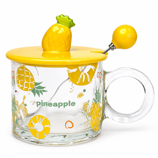 Tropik Ananas Kapaklı Cam Kupa ve Kaşık Seti