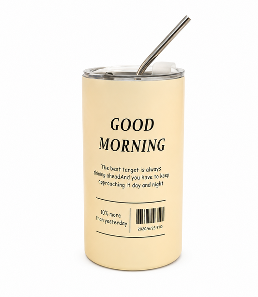 Good Morning Kapaklı Çelik Bardak ve Metal Pipet