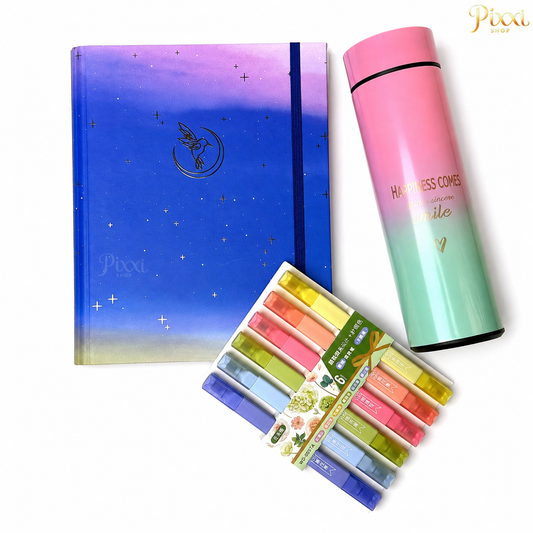 Renkli Hayaller Hediye Seti – Defter, Termos ve 6’lı Pastel Fosforlu Kalem