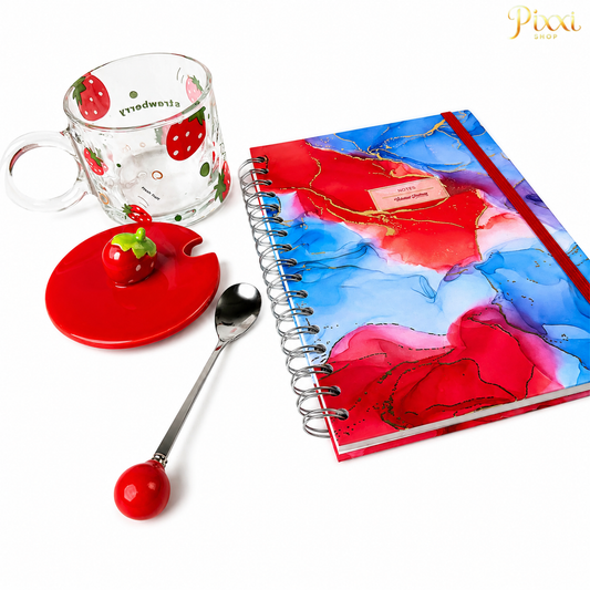 Kırmızı Defter ve Çilek Bardak Hediye Seti